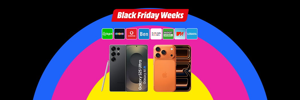 Smartphones en telecomproviders op kleurrijke cirkels, met tekst 