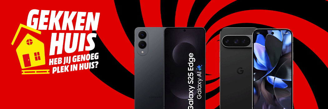 Samsung Galaxy S25 Edge en Google Pixel smartphones op een rood-zwarte spiraalachtergrond. Tekst: